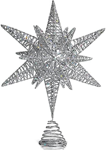 Коледна Сребърна Звезда Коледа Topper – Коледен Сребърен 3D Брилянтен Звезден Украшение На Върха на Дървото