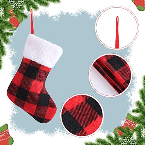 Sibba 4 Опаковане на Коледни Чорапи, Коледни Чорапи с Червена клетка от Бъфало с Плюшени белезници, Чорапи за Окачване на Камината,