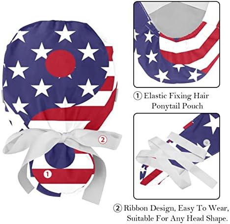 Медицински Шапки за жени с Бутоните за дълга Коса, Регулируема Работна Шапчица от 2 части, Флаг на САЩ Тай-чи на Ин и Ян