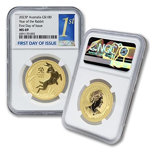 Златна монета на MS-69 Австралийската лунна серия III Year of the Rabbit с тегло 1 унция 2023 година (Първият ден на издаване) 24