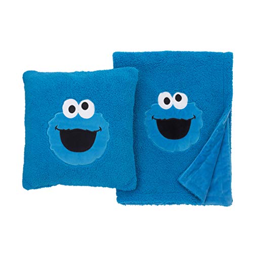 Възглавница за деца Sesame Street Cookie Monster Blue Super Soft Sherpa с Аппликацией, Синьо /Бяло/ Черно