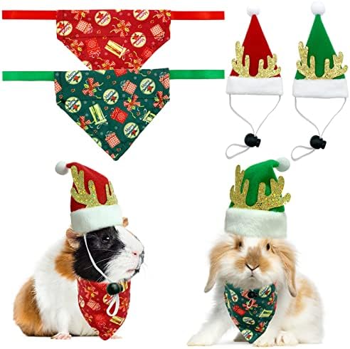 CooShou Коледни Морски Свинчета шарена кърпа, Шапка, Зайо Триъгълен Шал Малки Животни Коледен Костюм за Коледа Червено-Зелен Подарък