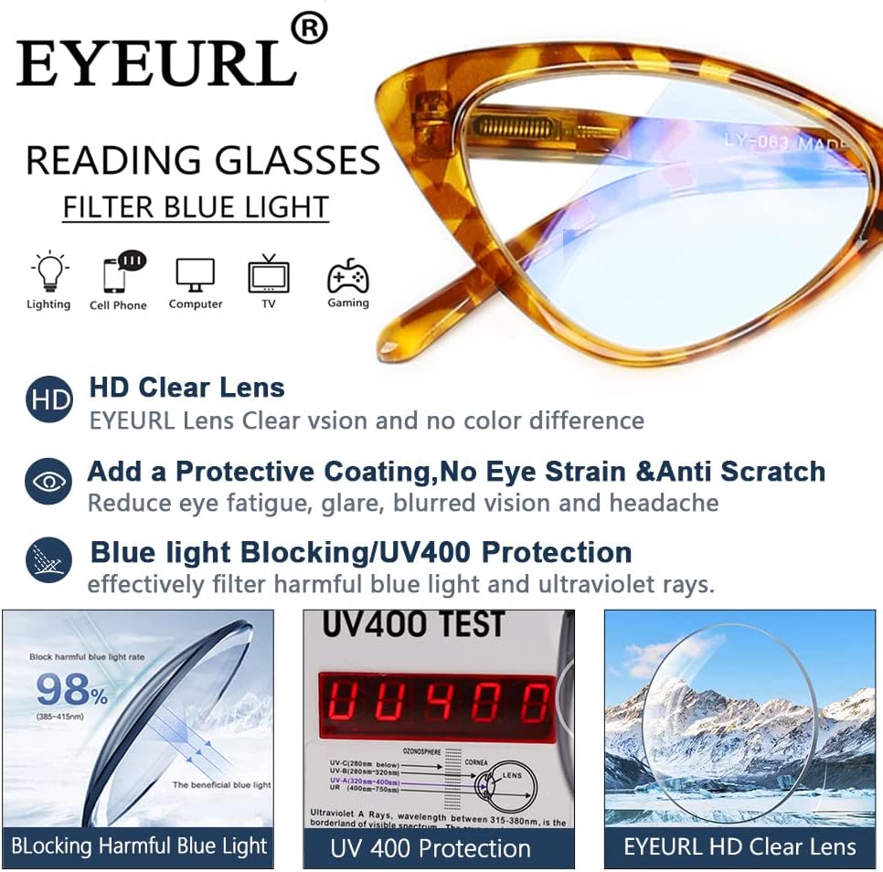 Дамски очила за четене EYEURL в опаковка от 4 теми, Модни Очила Котешко око, Блокер Синя светлина, с кутия пролетта панти, Антибликовые