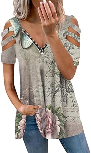Блуза, Риза за Дами Лято Есен 2023 Къс Ръкав С Открити Рамене V Образно Деколте Памучен Тениска с цип NH NH