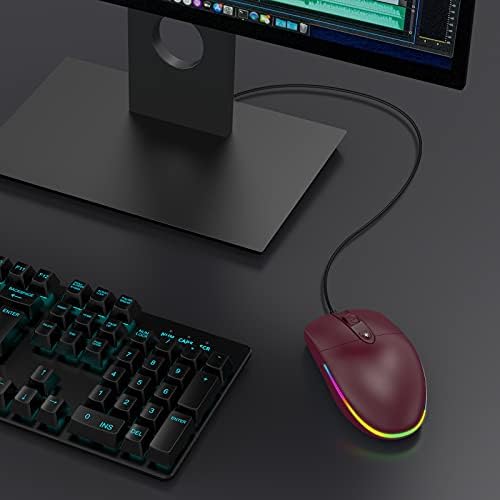 Жичен Мишка с RGB Подсветка и Тихо щракване, 1600 dpi, 4 led режим за настолен компютър PC с USB портове, Вино-Червено