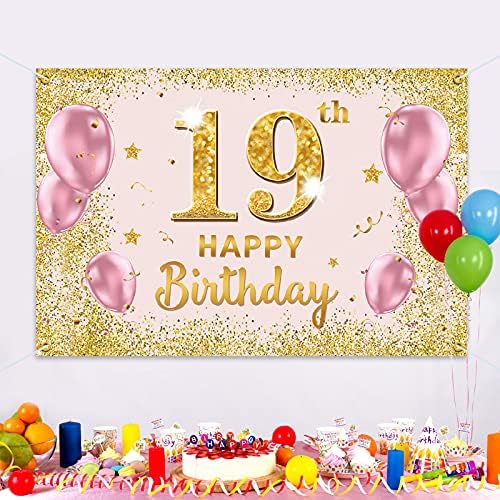 Банер на фона на PAKBOOM Happy 19th Birthday - 19 Предмети за Украса на парти по случай рождения Ден на Жените - Златисто-Розово