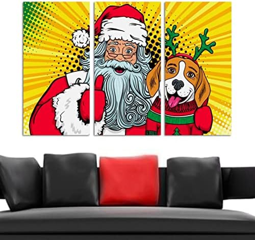 Стенно Изкуство за Всекидневната, Живопис с маслени бои Върху Платно В Голяма Рамка Дядо Коледа Прегръдки на Кучето, Порода Бийгъл