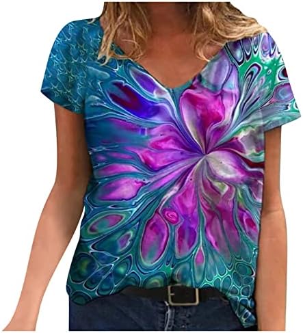 Женска Тениска с Къс Ръкав 2023, Памучен Тениска с Дълбоко V-образно деколте и Цветен Модел в стил Киберпънк, Лятна Есенна Риза