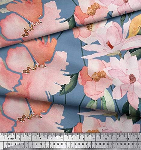 Плат за шиене от futon трикотаж Soimoi син цвят с листа и цветя принтом магнолия ширина 58 см