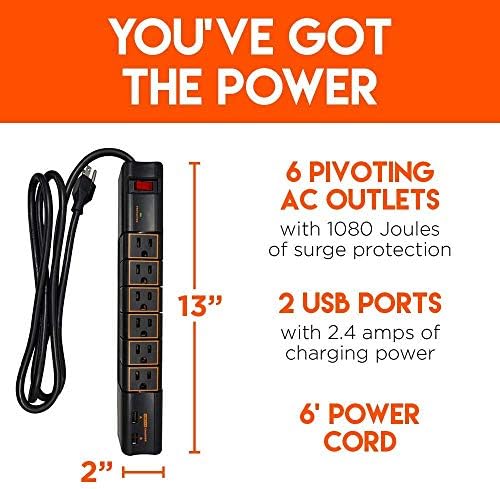 Въртящ се филтър мрежа ECHOGEAR Power Strip с 2 USB порта и 6 въртящи се изходи ac - 1080 Джоулей тежка рамка за защита от пренапрежение с дълъг кабел за захранване и дупки за монтир