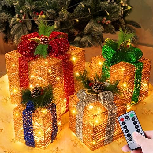 [ Супер Голям 12-10-8-7 ] 4 Опаковане на Подарък Кутии с подсветка Коледна Украса 70 LED Таймер 8 Режима на Дистанционно Управление