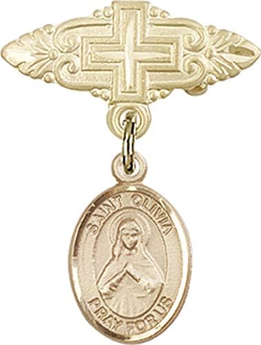 Детски икона Jewels Мания с чар Свети Оливия и игла за бейджа с Кръст | Детски икона от 14-каратово злато с чар Свети Оливия и игла